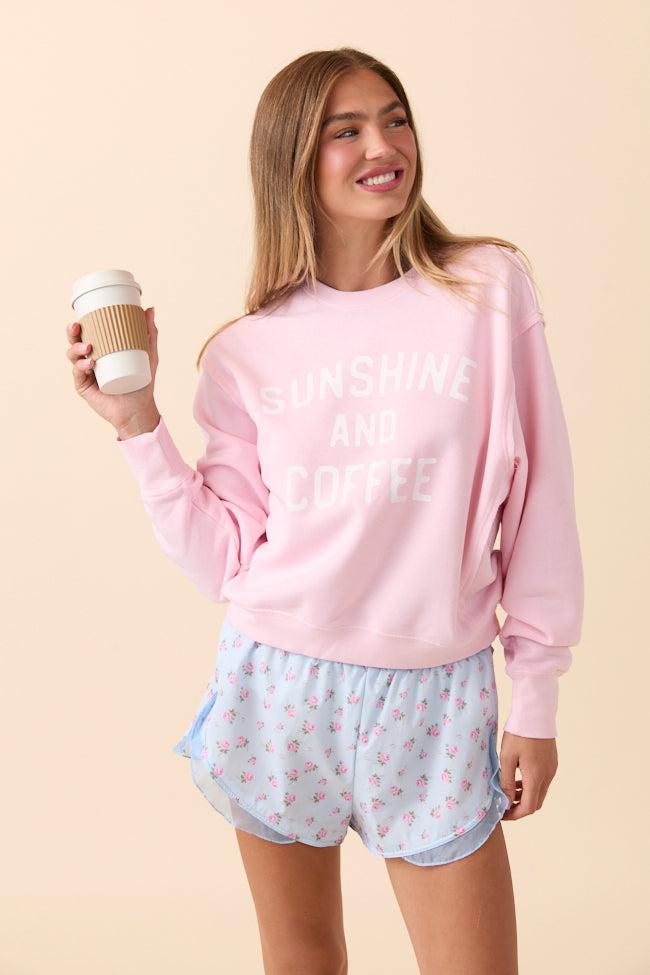 Sunshine and Coffee Soft Pink Raw Hem Fleece Graphic Sweatshirt Product Image