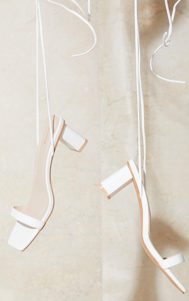 White Wide Fit PU Square Toe Lace Up Low Block Heeled Sandals Product Image