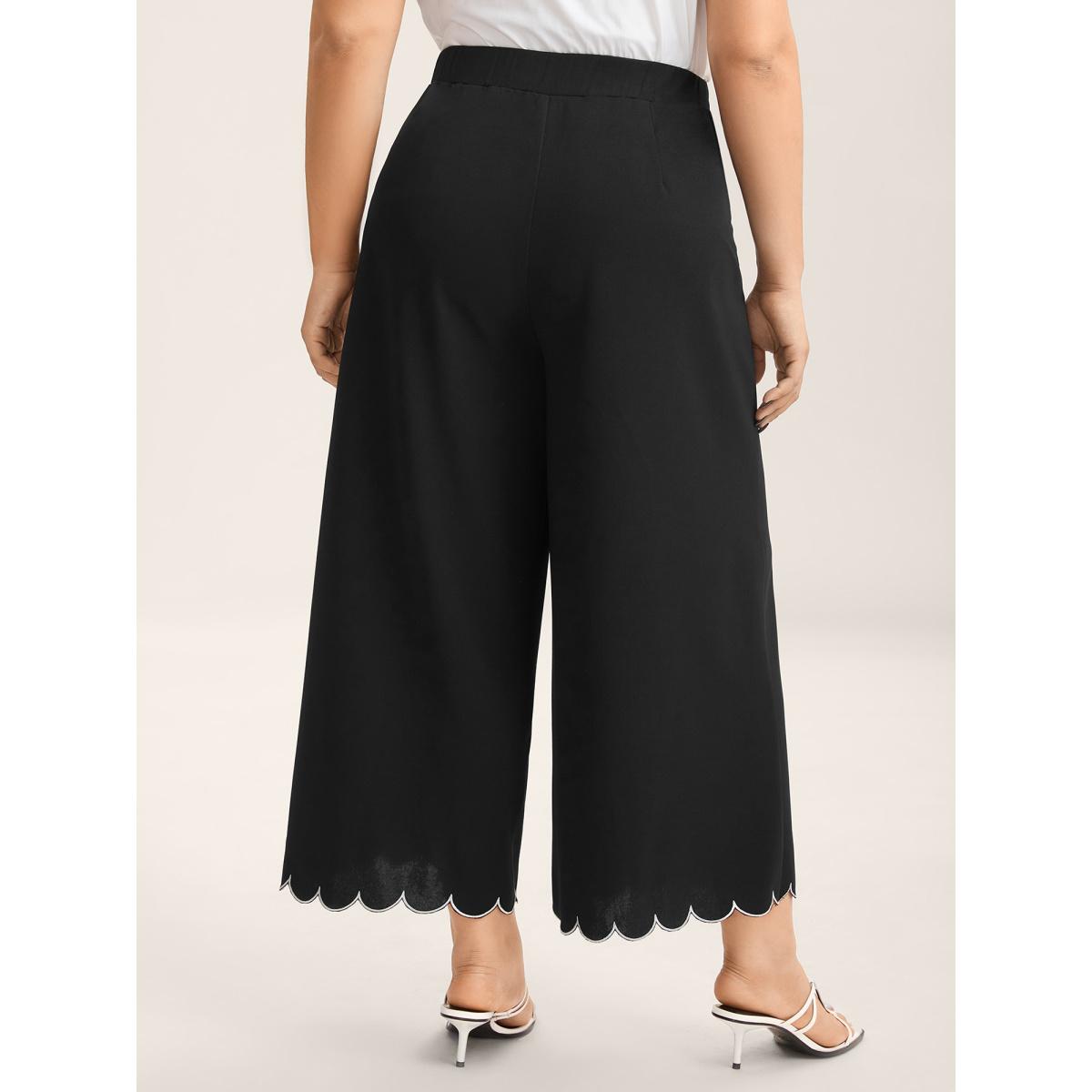 Plus Size Scalloped Hem Pull-On Wide-Leg Pants Women Black Timeless Wide Leg Mid Rise Elegant Pants BloomChic 18-20/2X Product Image