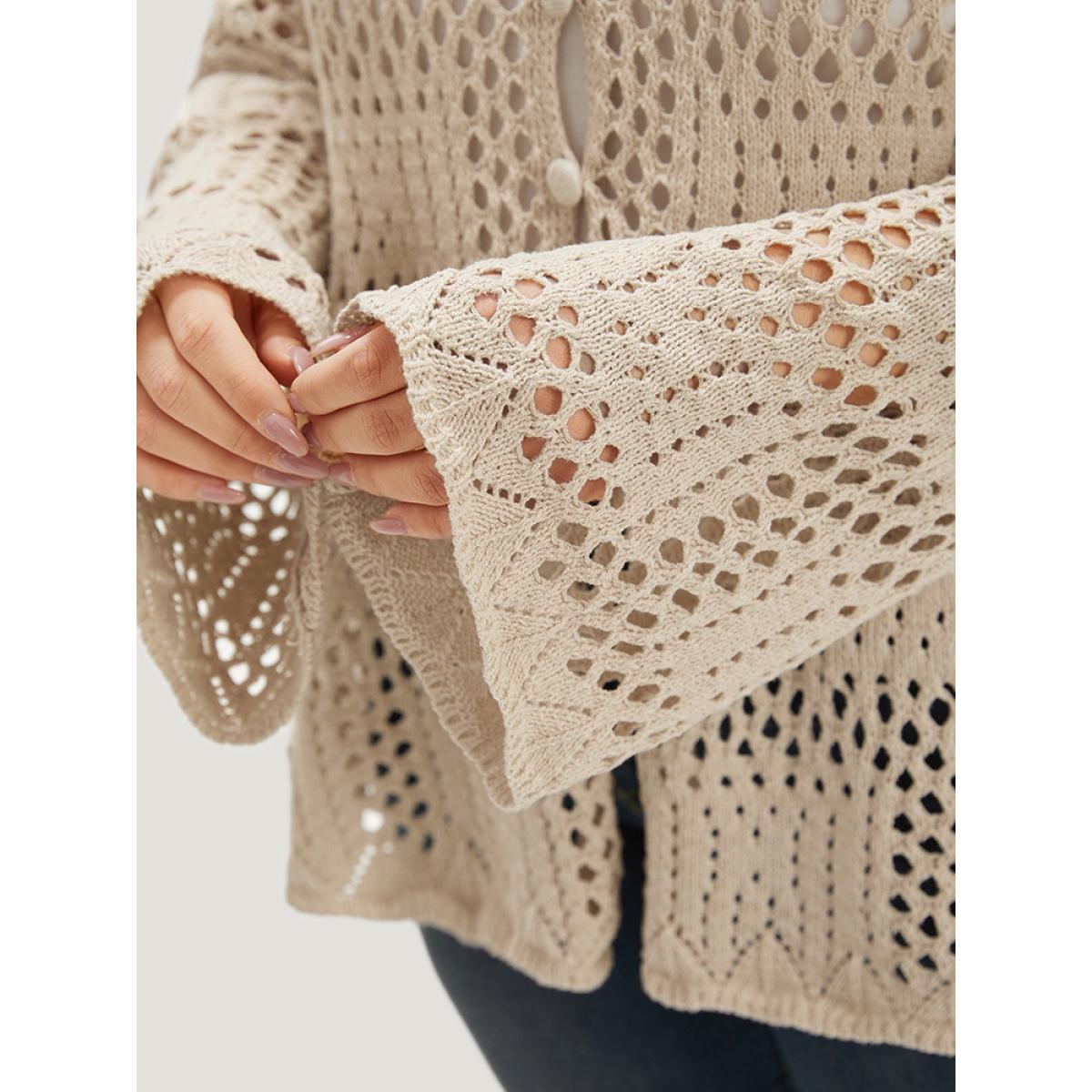 Plus Size Plain Hollow Out Button Through Bell Sleeve Cardigan Beige Women Casual Loose Long Sleeve Everyday Cardigans BloomChic 12/L Product Image