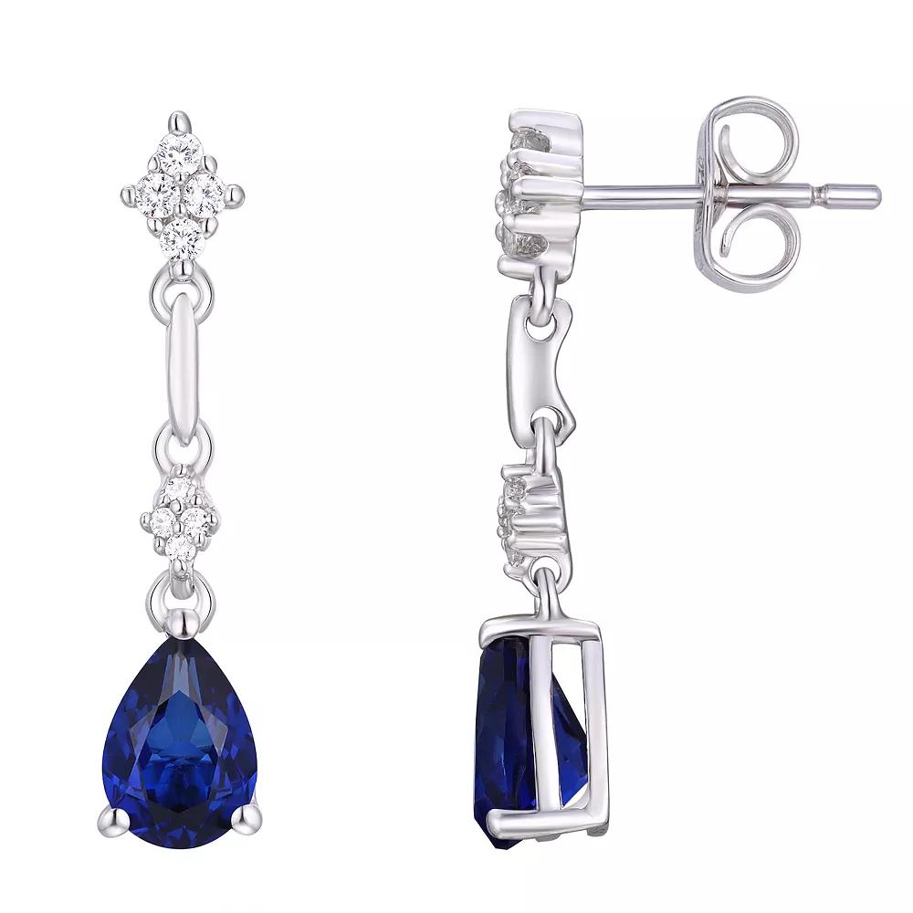 Rhodium Over Sterling Silver Gemstone With Lab-Created White Sapphire Accents Drop Post Dangle Earrings, Women's, Created Blue Blue Product Image