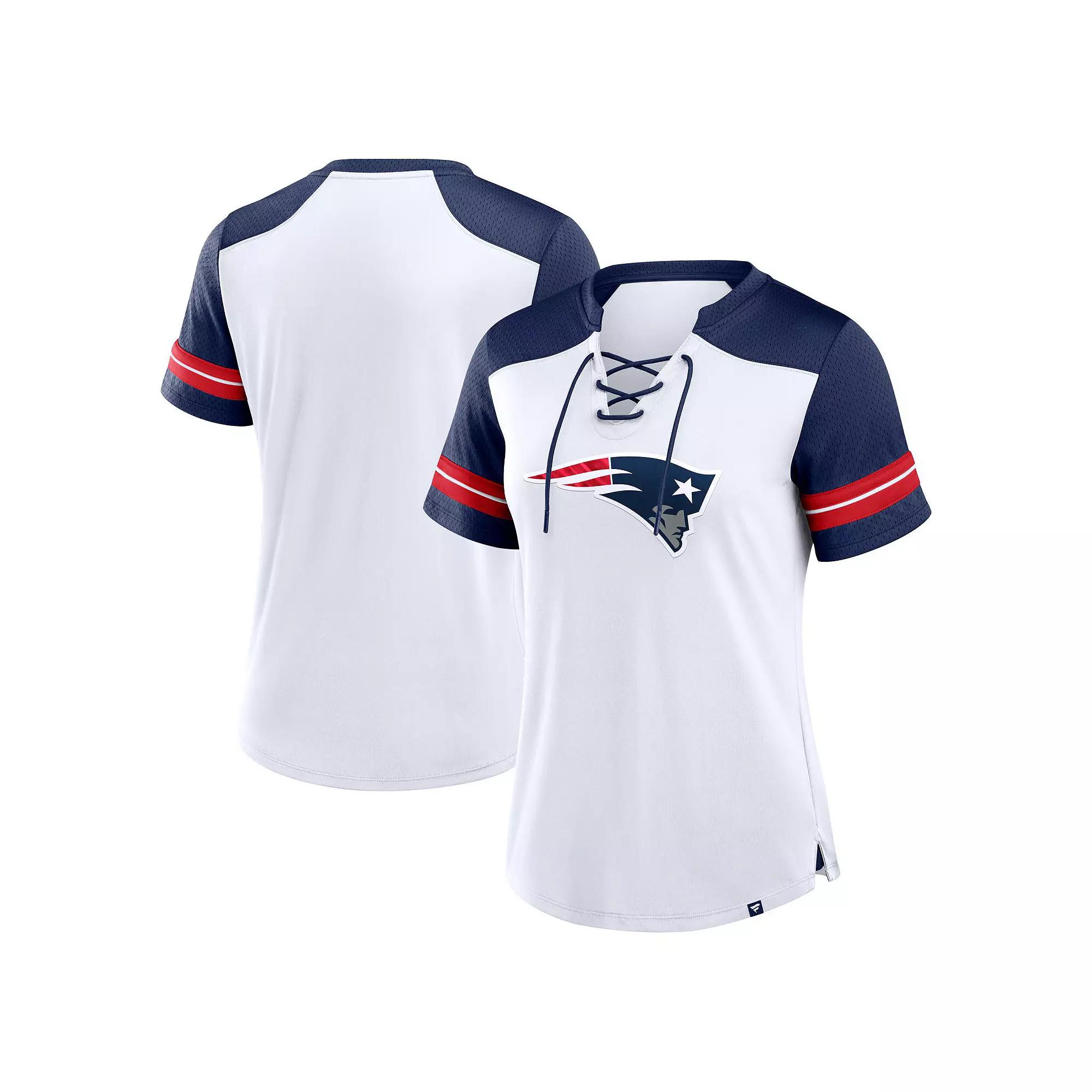 Women's Fanatics White/Navy New England Patriots Foiled Primary Lace-Up T-Shirt,  Product Image