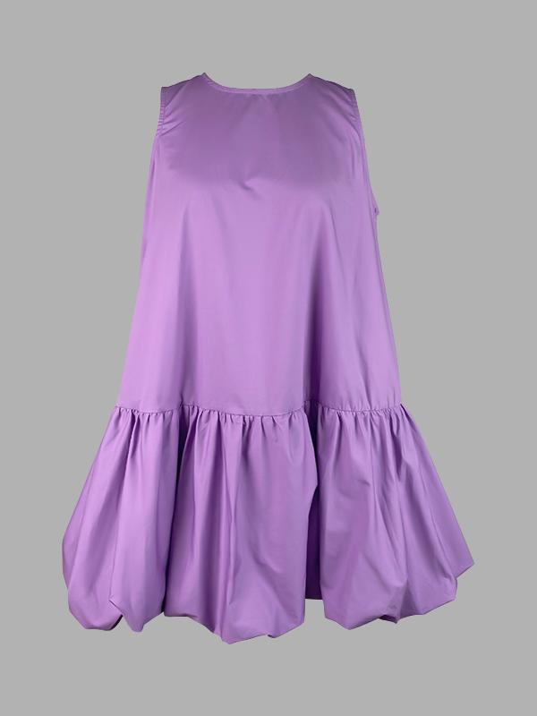High Waisted Loose Pleated Solid Color Round-Neck Mini Dresses Product Image