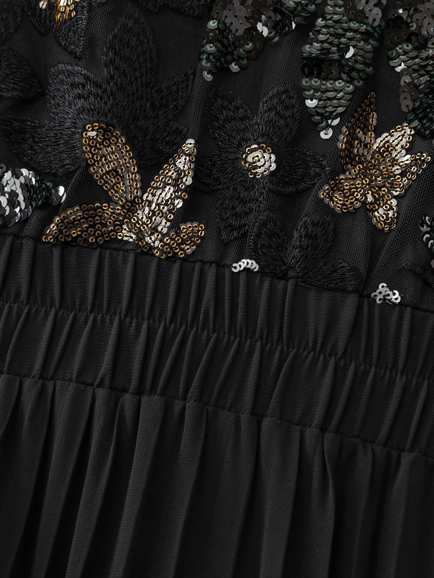 Floral Sequin Pleated Round Neck Midi Dress Female Product Image