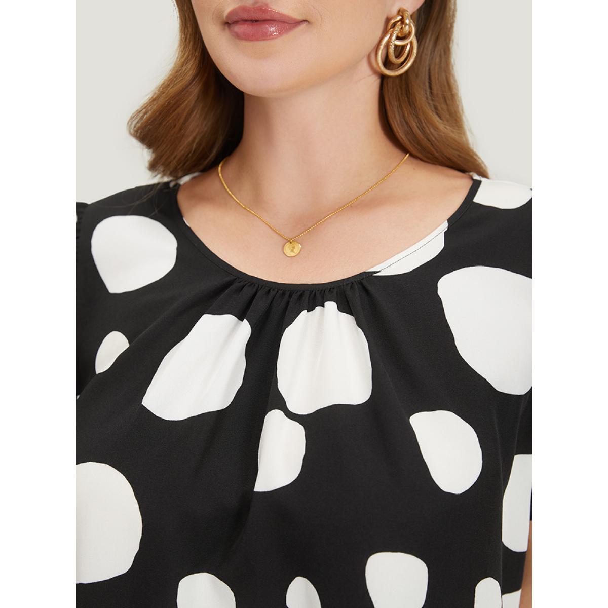 Plus Size Black Polka Dot Flutter Cap Sleeve Tiered Blouse Women Elegant Cap Sleeve Round Neck Dailywear Blouses BloomChic 30/6X Product Image