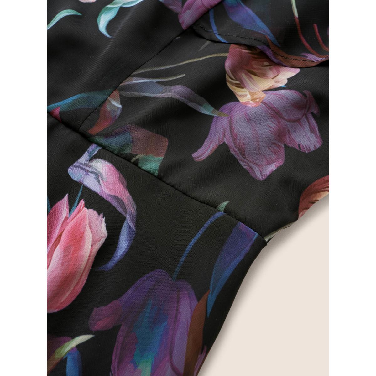 Plus Size Black Floral Mesh Ruffle Sleeve Elastic Waist Blouse Women Elegant Short sleeve V-neck Everyday Blouses BloomChic 22-24/3X Product Image