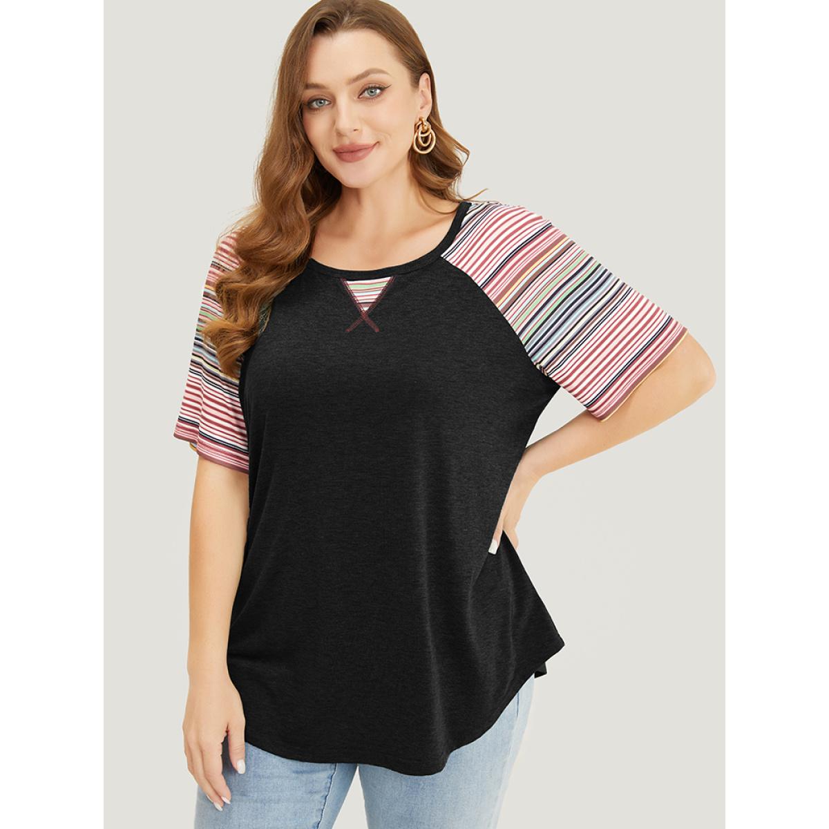 Plus Size Supersoft Essentials Striped Contrast Raglan Sleeve Curved Hem T-shirt Black Women Casual Contrast Plain Round Neck Everyday T-shirts BloomChic 18-20/2X Product Image