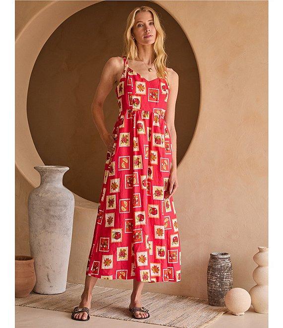 Skies Are Blue Printed Linen Blend V-Neck Back Smocked Maxi Dress Product Image