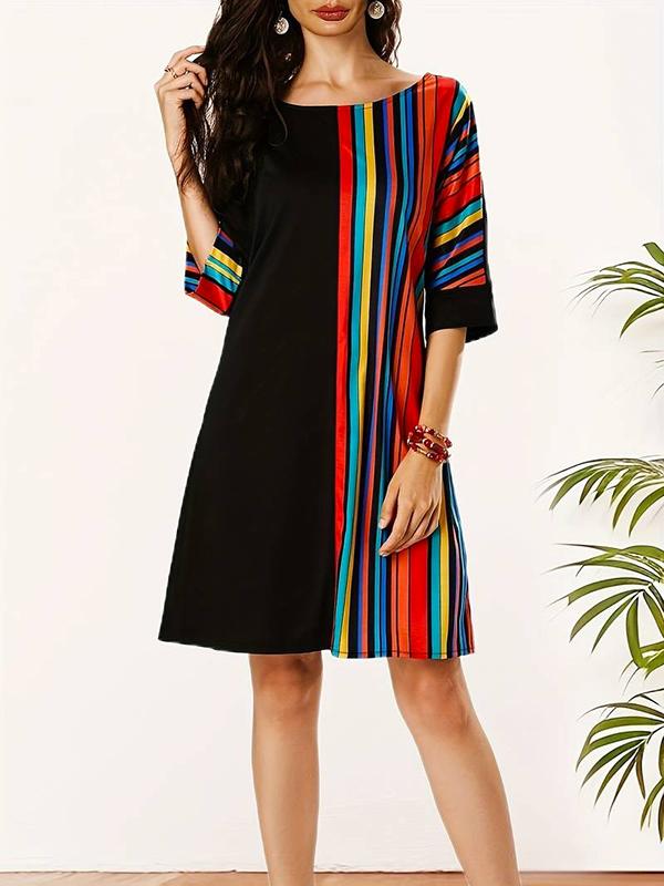A-Line Half Sleeves Asymmetric Contrast Color Striped Round-Neck Mini Dresses Product Image