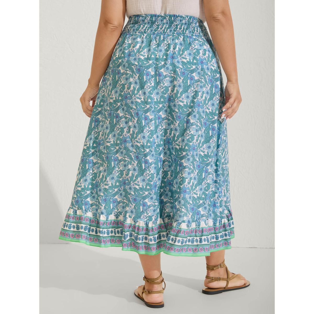 Plus Size Floral Ruffled Wrap Midi Skirt Women Arctic Resort Shirred Loose No stretch Side seam pocket Vacation Skirts BloomChic 14-16/1X Product Image