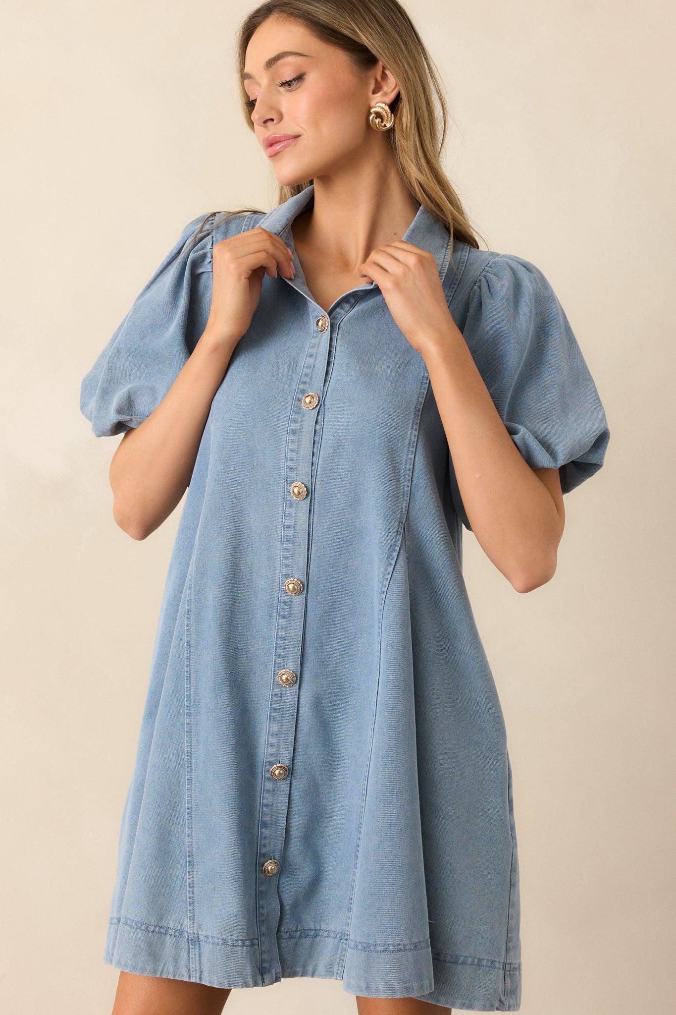 More Or Less Light Wash Cotton Denim Puff Sleeve Mini Dress Product Image