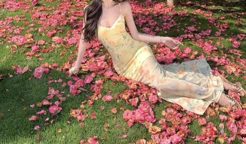 Spaghetti Strap V-Neck Floral Print Maxi Dress Product Image