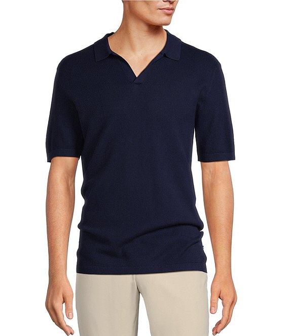 Rowm Short Sleeve Textured Solid Johnny Collar Knit Sweater Shirt Product Image