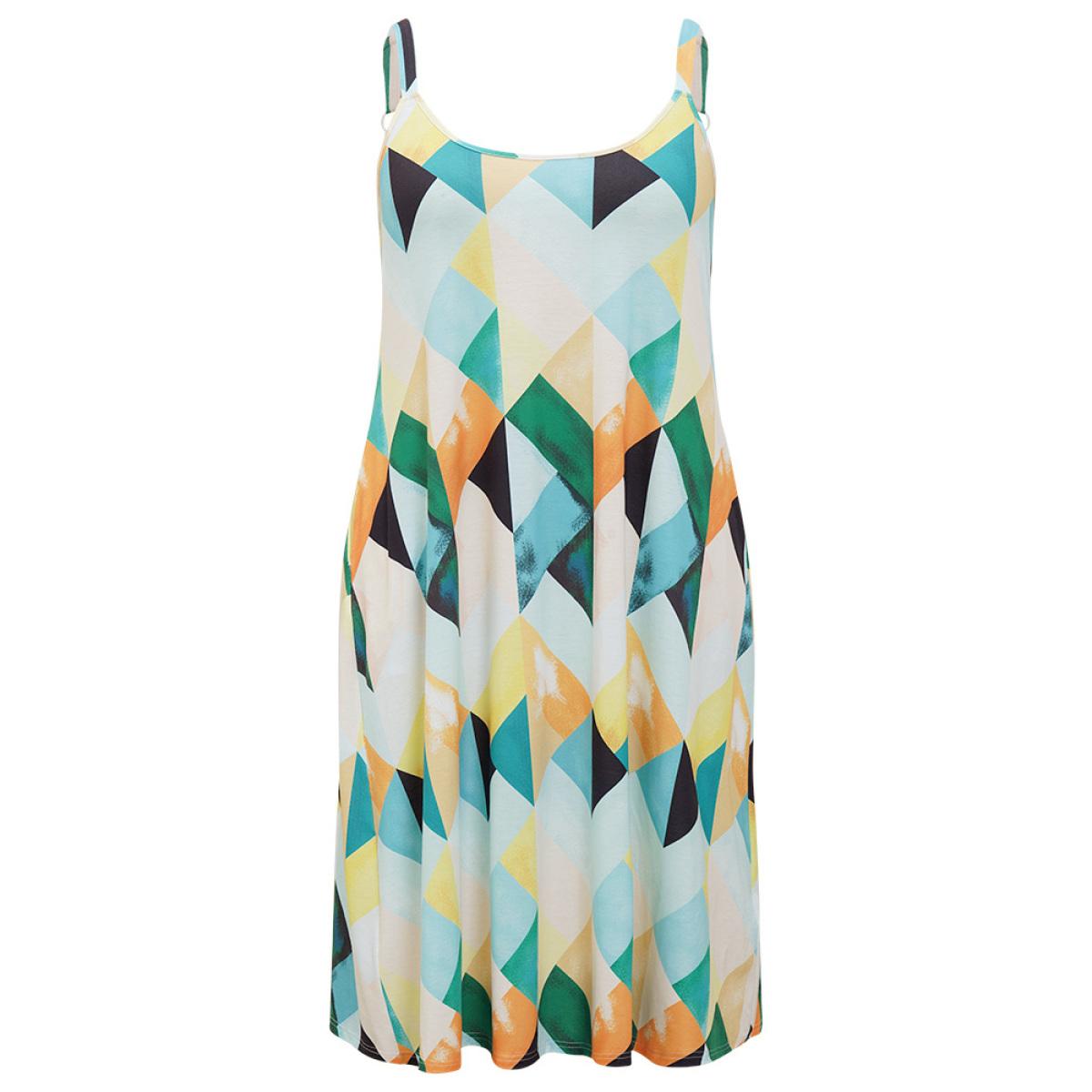 Plus Size Geometric Print Ruffles Pocket Spaghetti Strap Dress Multicolor Women Elegant Adjustable Straps Spaghetti Strap Sleeveless Curvy Midi Dress BloomChic 12/L Product Image