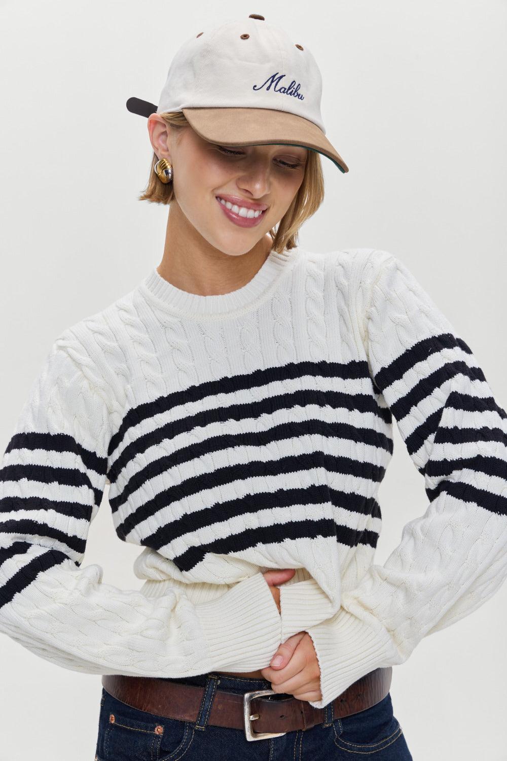 Varsity Striped Cable Knit Sweater - Ivory Product Image