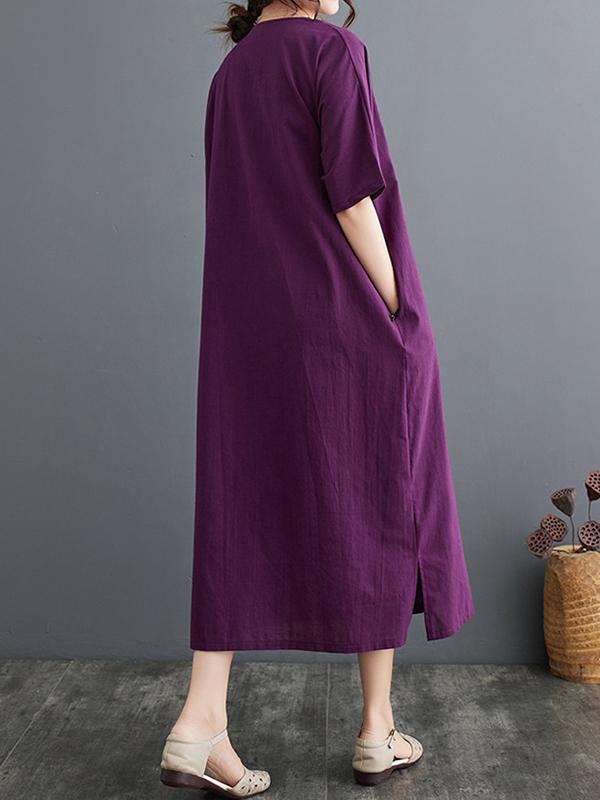 A-Line Loose Chinese Frog Buttons Pockets Solid Color Split-Side V-Neck Midi Dresses Product Image