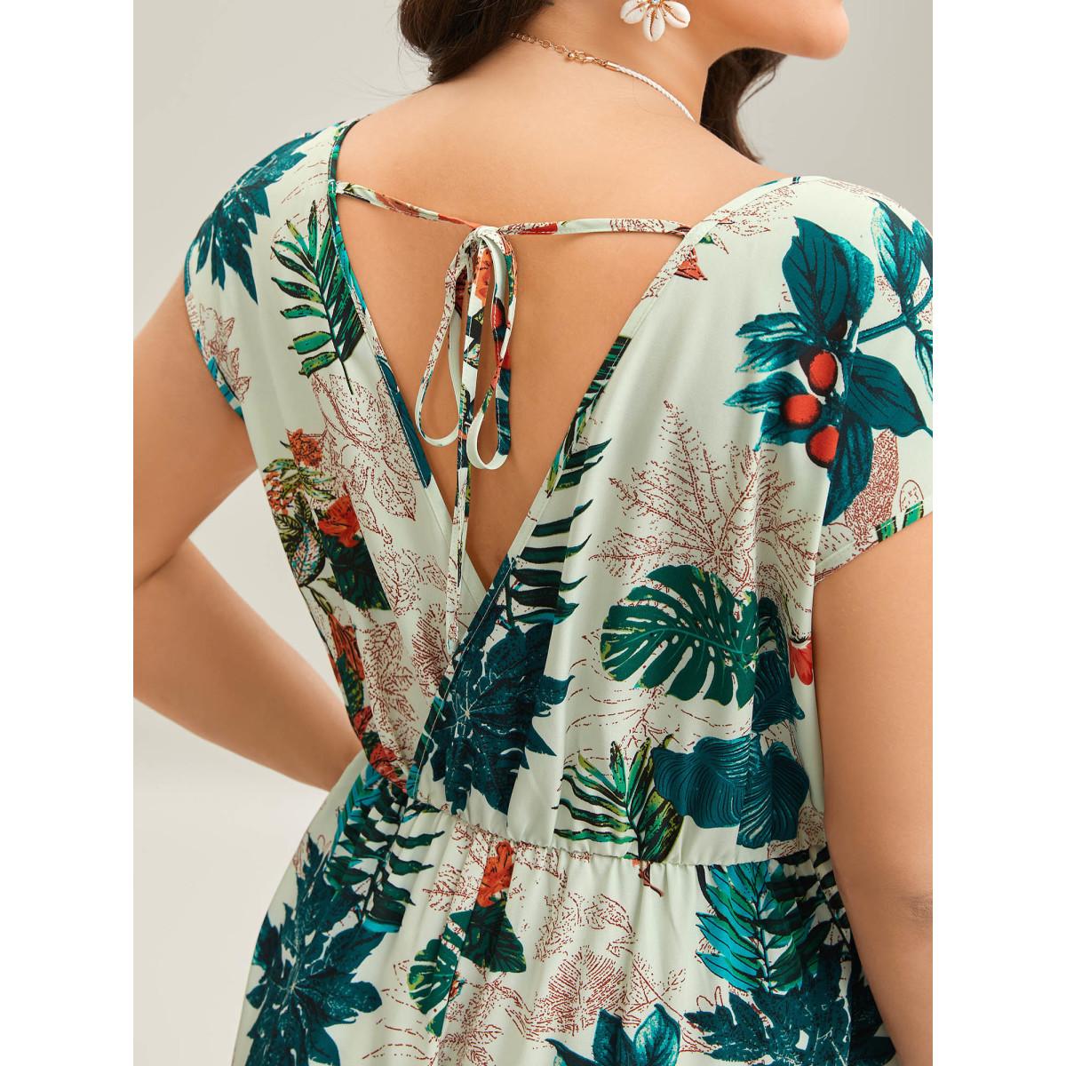 Plus Size Emerald Tropical Print Surplice Neck Back Tie Jumpsuit Women Resort Cap Sleeve V-neck Vacation Loose Jumpsuits BloomChic 10/M Product Image