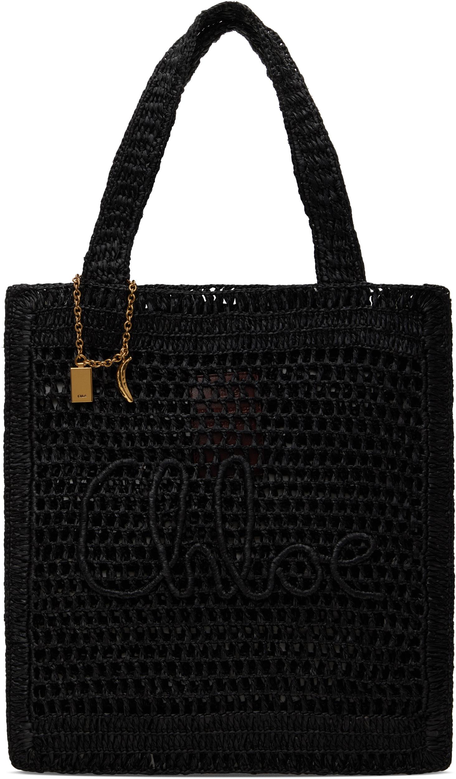 CHLOÉ Summer Banana Embellished Crocheted Embroidered Faux Raffia Tote In Black Product Image