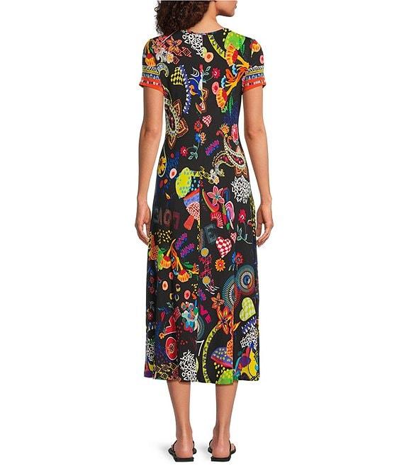 JOHNNY WAS The Janie Favorite Jenny Scarf Mixed Print Crew Neck Cap Sleeve Midi Dress Product Image