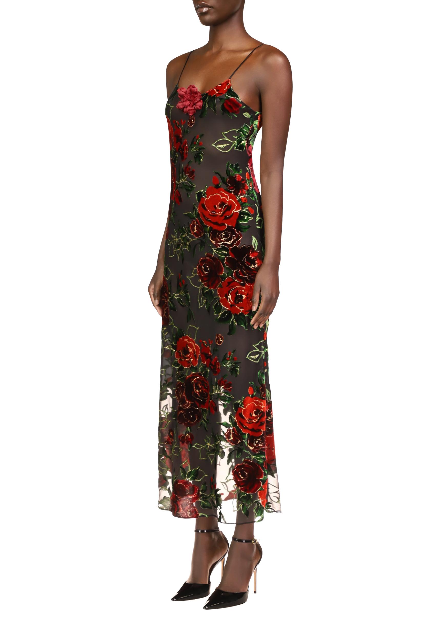 Velvet Devoré Slip Dress With Silk Flower Pin Product Image