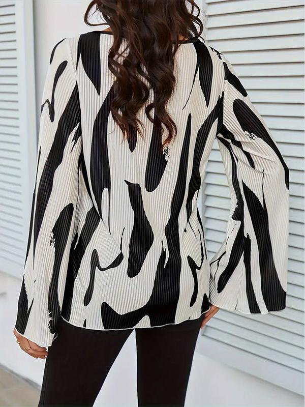 Flared Sleeves Loose Pleated Printed Split-Joint Round-Neck Blouses&Shirts Tops Product Image