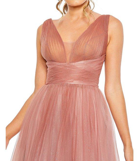 Mac Duggal V-Neck Shirred Bodice Giltter Ombre Ballgown Product Image