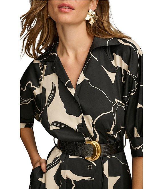 Donna Karan Printed 3/4 Sleeve Notch Collar Belted Side Pocket A-Line Midi Dress Product Image