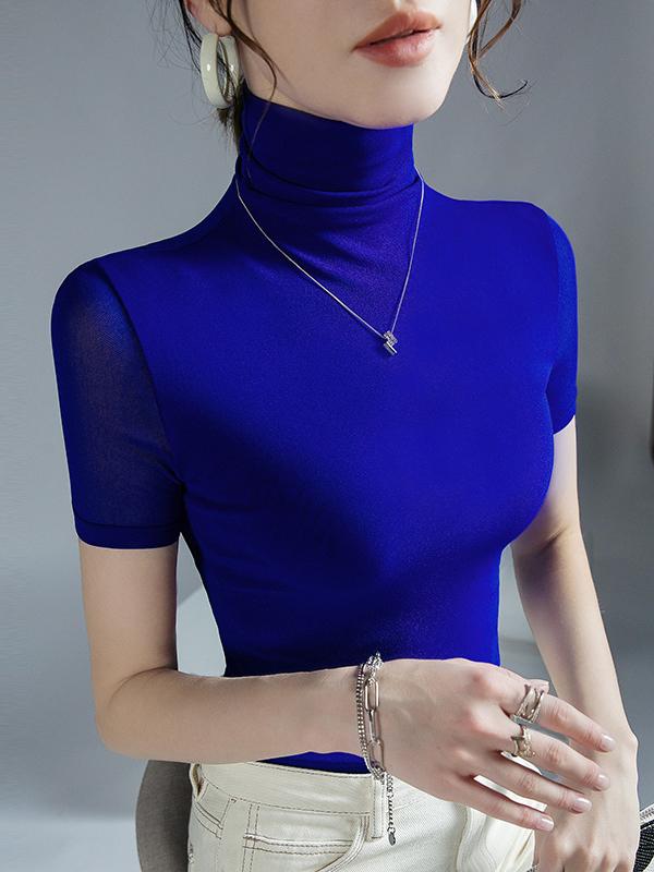 Half Sleeves Skinny Solid Color High Neck T-Shirts Tops Product Image