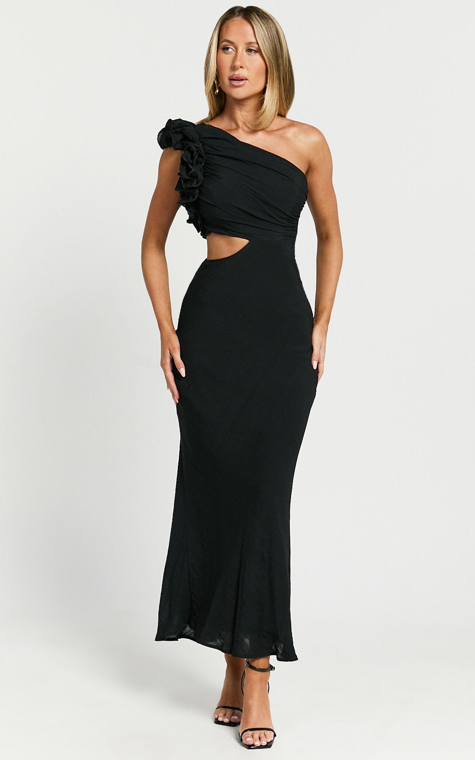 Anessa Midi Dress - One Shoulder Ruffle Detail Side Cut Out Dress in Black Product Image