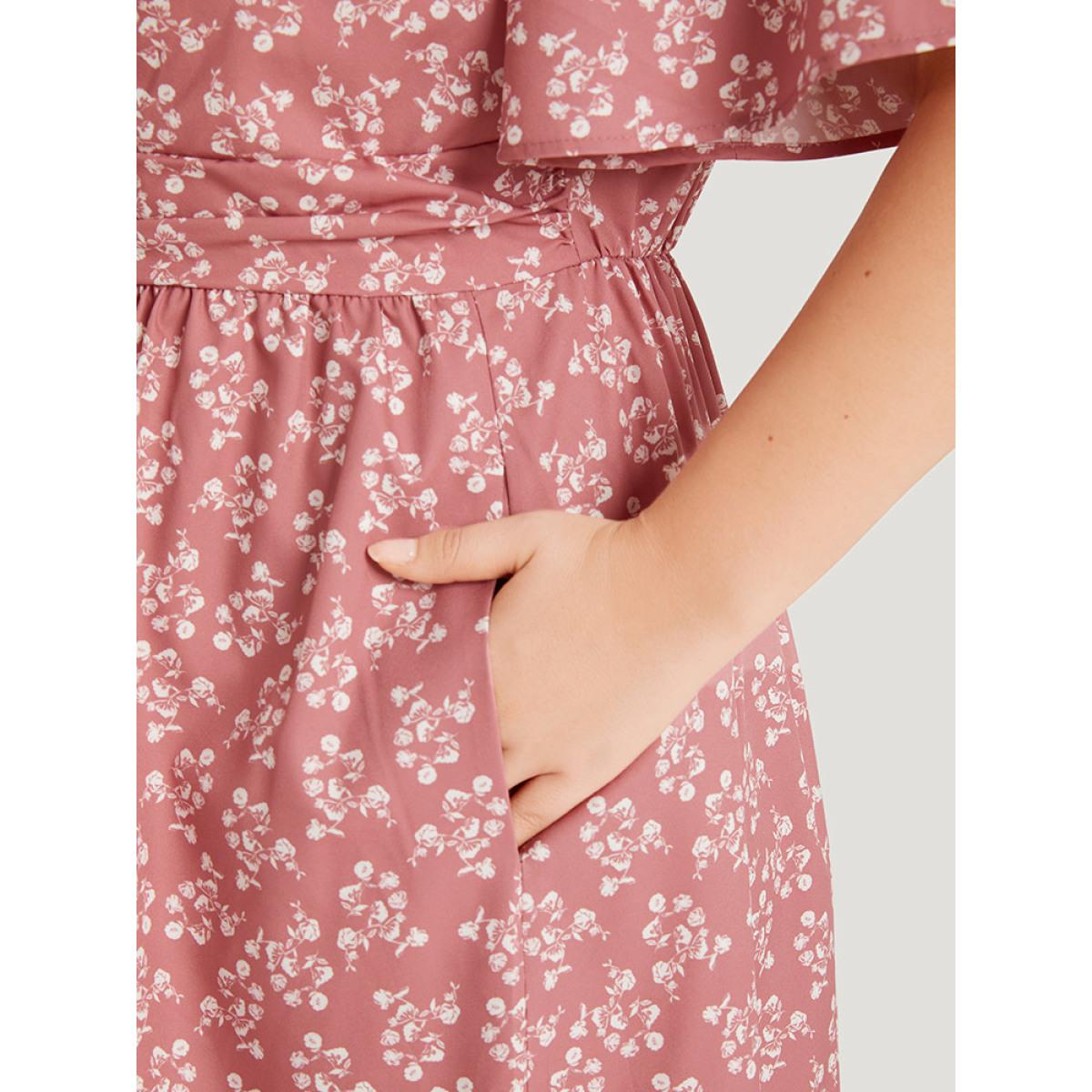 Plus Size Ditsy Floral Pocket Crossover Elastic Waist Dress DustyPink Women Elegant Printed Round Neck Short sleeve Curvy Midi Dress BloomChic 10/M Product Image