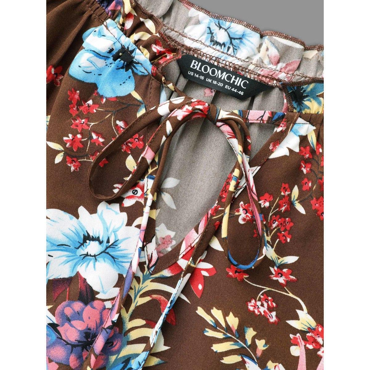 Plus Size Browncoffeecolor Floral Tie Knot Flutter Sleeve Blouse Women Elegant Long Sleeve V-neck Everyday Blouses BloomChic 28/5X Product Image