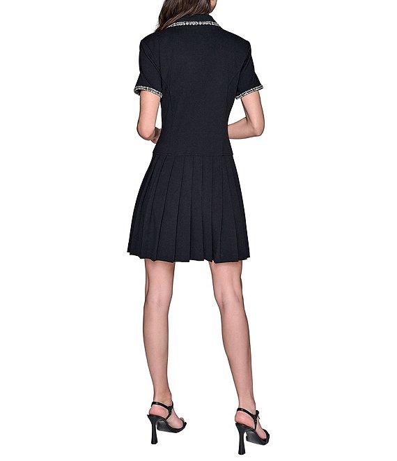KARL LAGERFELD PARIS Scuba Crepe Notch Collared Short Sleeves Jacquard Piping Shirt Dress Product Image