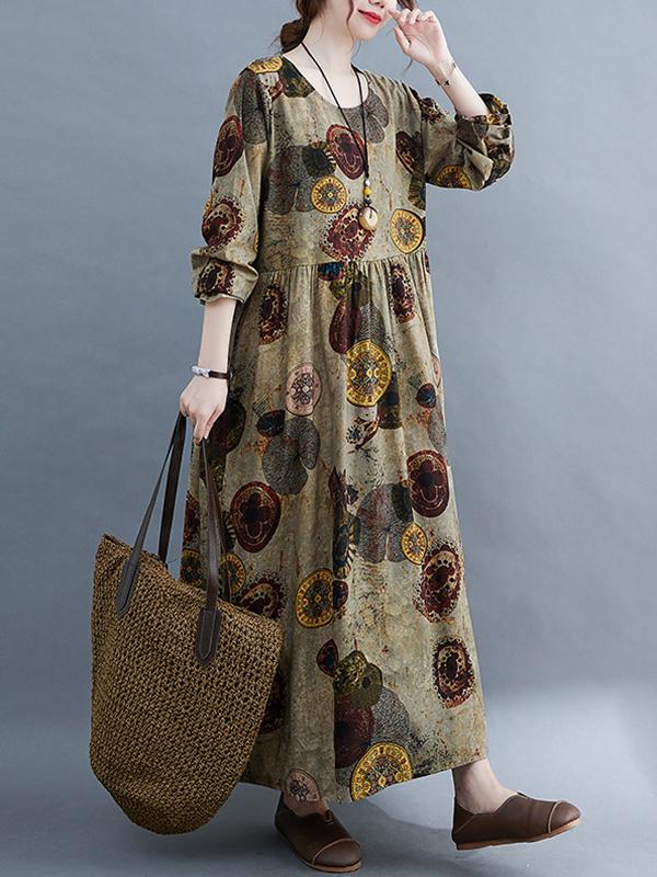 Artistic Retro Loose Long Sleeves Printed Round-Neck Maxi Dresses Product Image