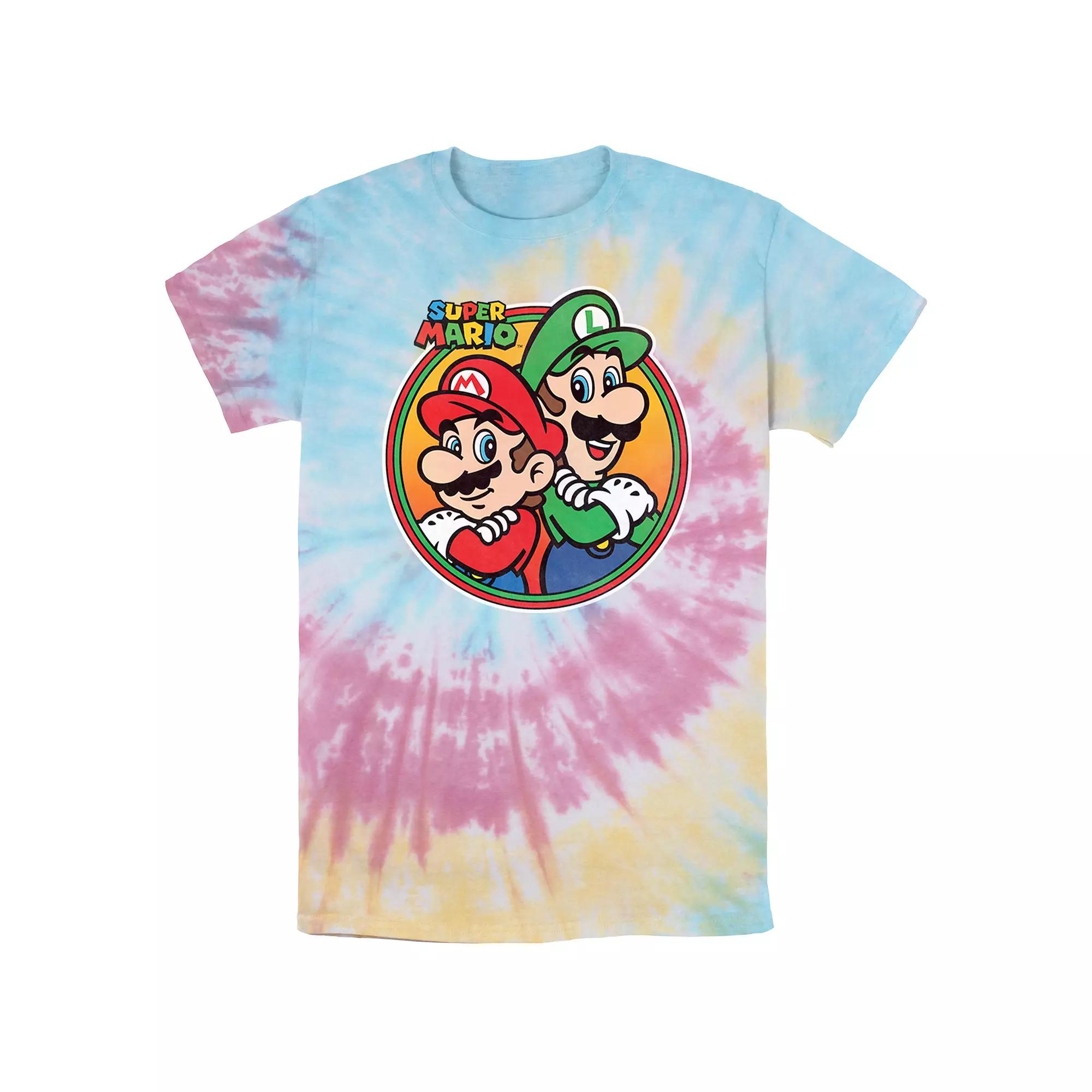 Men's Nintendo Super Mario And Luigi Badge Tie Dye Graphic Tee, Size: Small, Blue Pink Light Yellow Product Image