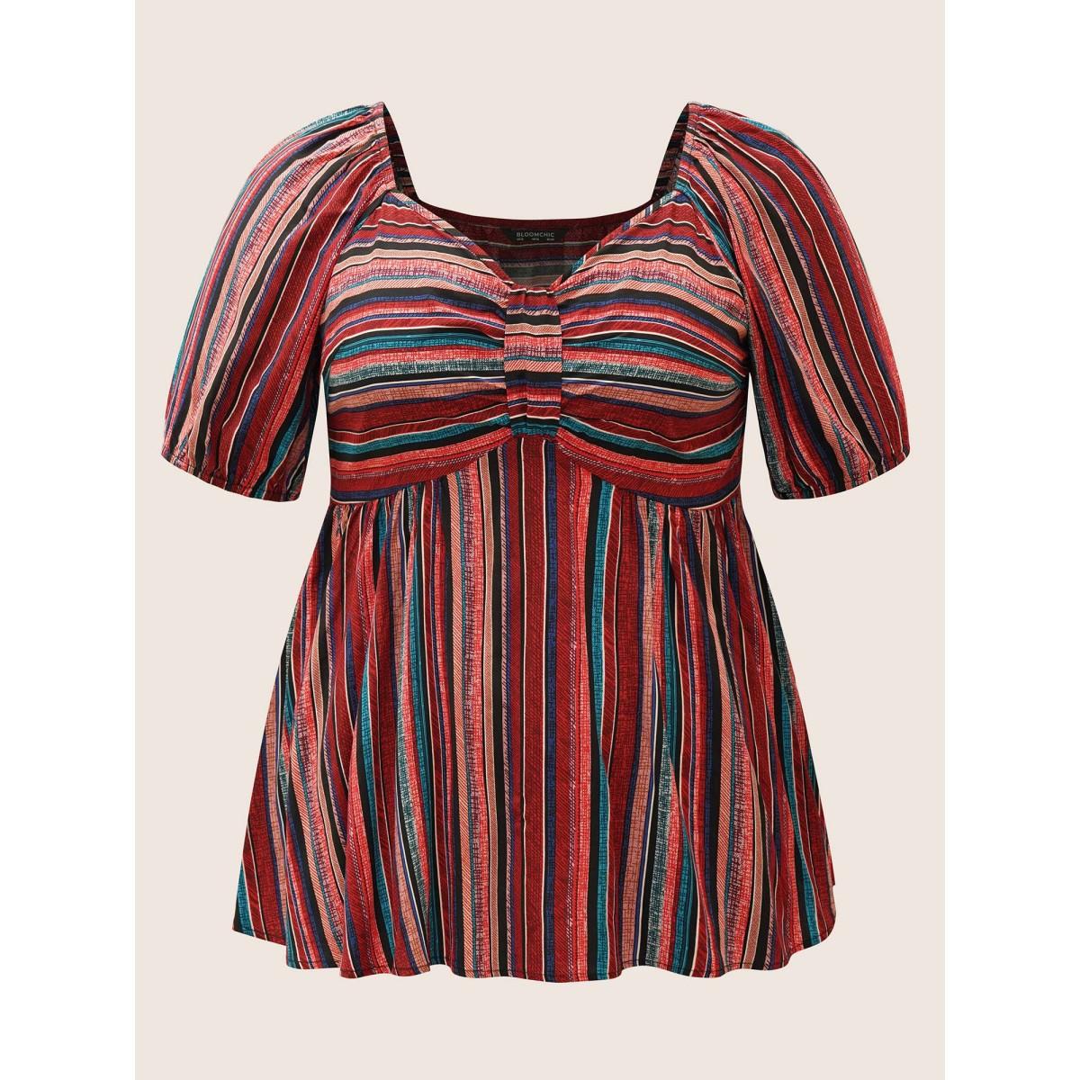 Plus Size Multicolor Striped Heart Neckline Lantern Sleeve Blouse Women Elegant Short sleeve Heart neckline Everyday Blouses BloomChic 12/L Product Image
