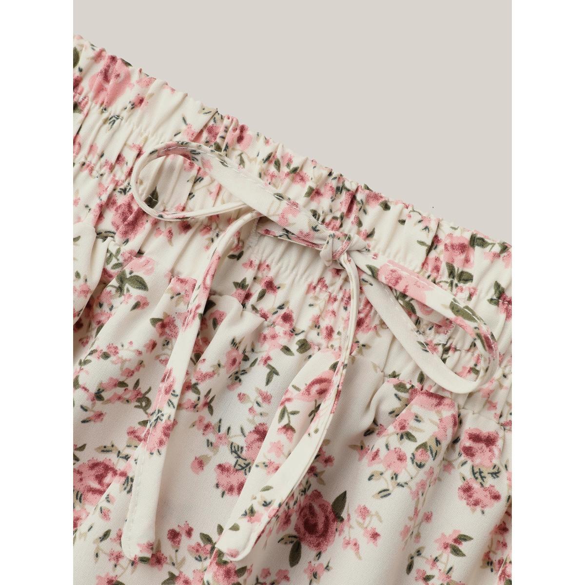 Plus Size Ditsy Floral Print Waist-Tie Midi Skirt Women Beige Elegant Gathered Low stretch Slanted pocket Everyday Skirts BloomChic 22-24/3X Product Image