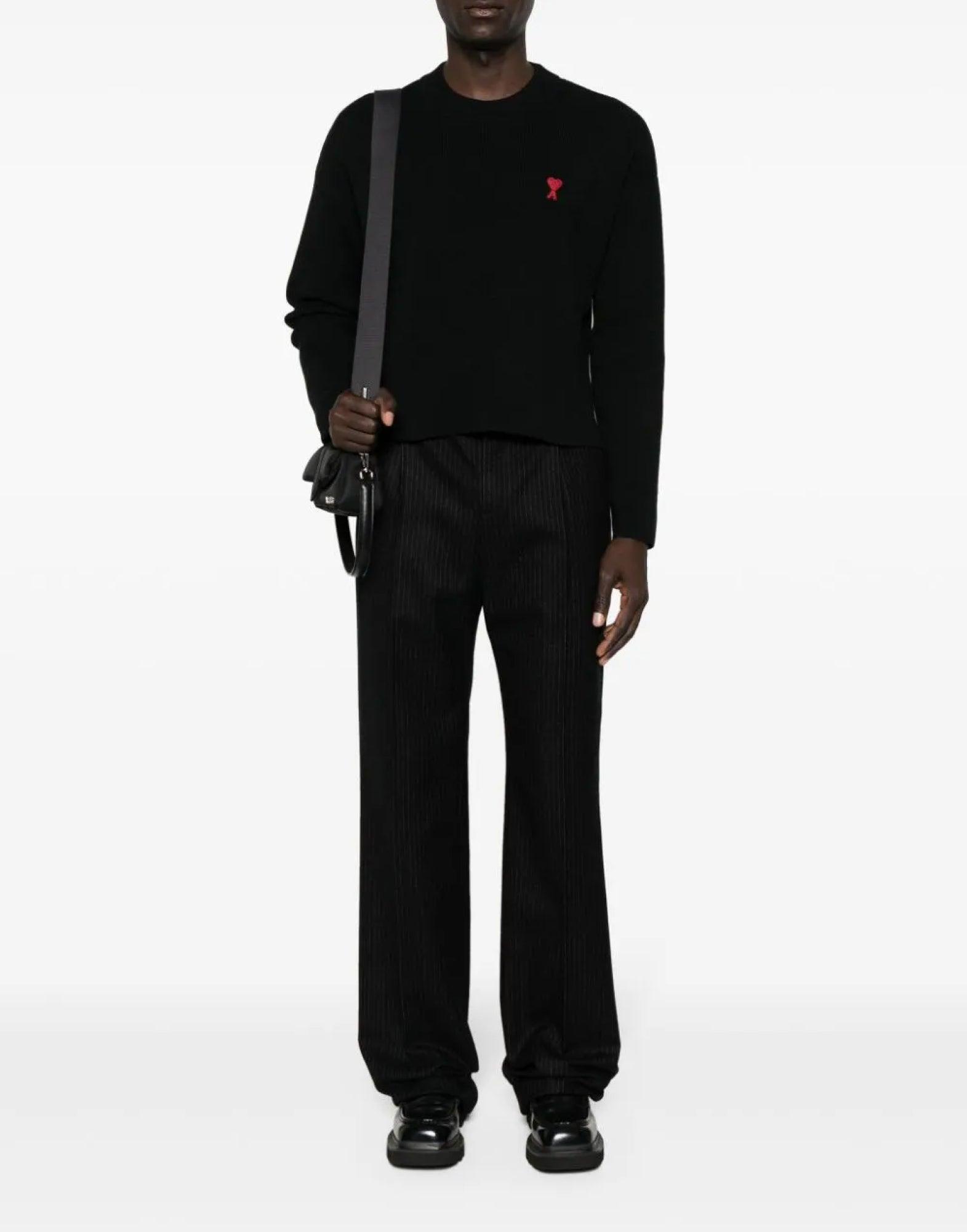 AMI ALEXANDRE MATTIUSSI Ami Classic Black Sweater With Round Neckline And Emblem Detail Product Image