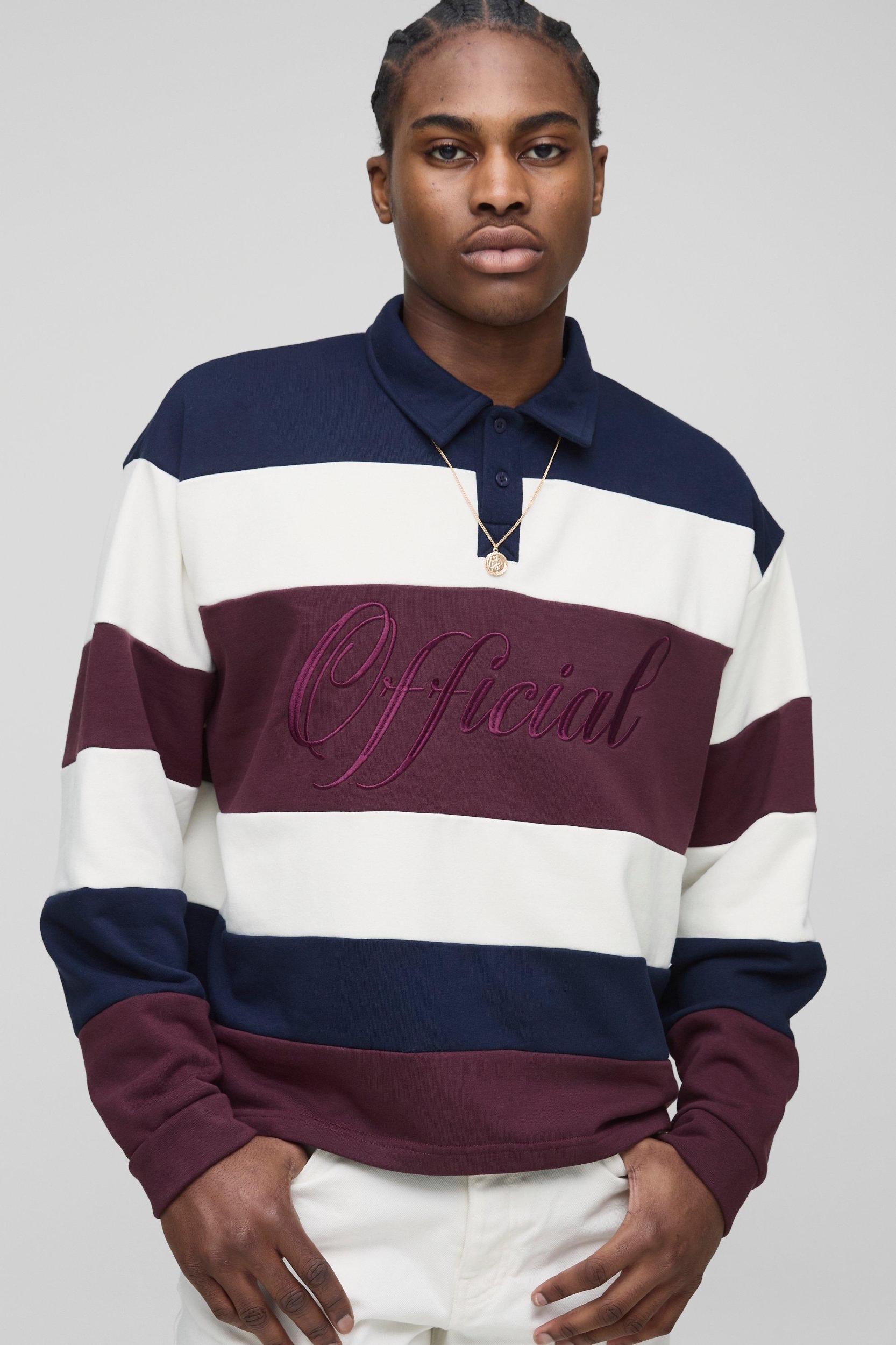 Oversized Boxy Stripe Embroidered Rugby Polo Sweatshirt | boohooMAN USA Product Image