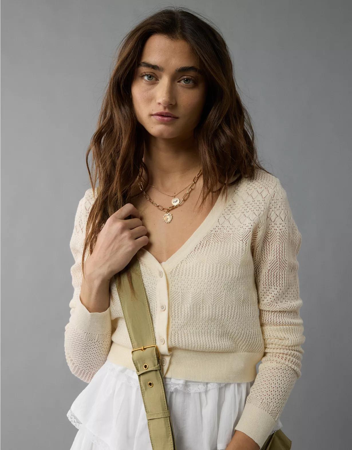 AE Pointelle V-Neck Cardigan Product Image