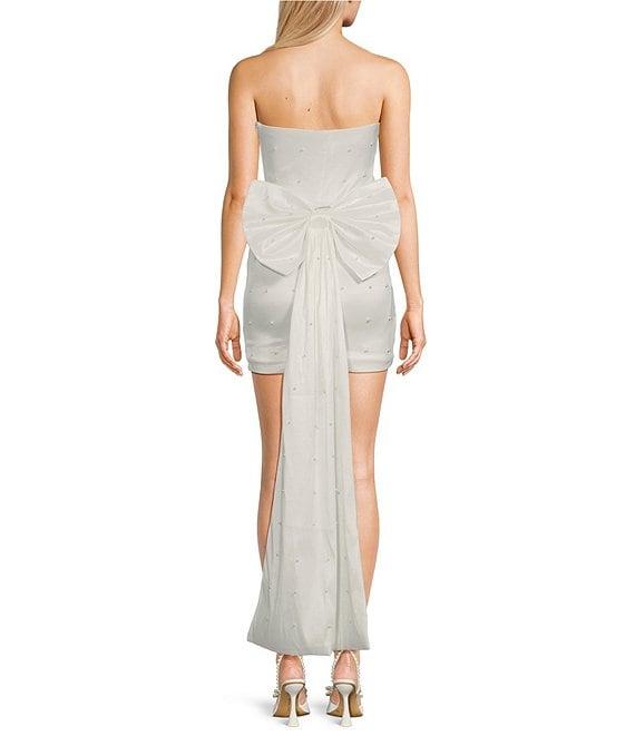 Allison & Kelly Strapless Pearl Taffeta Bow Back Mini Train Dress Product Image