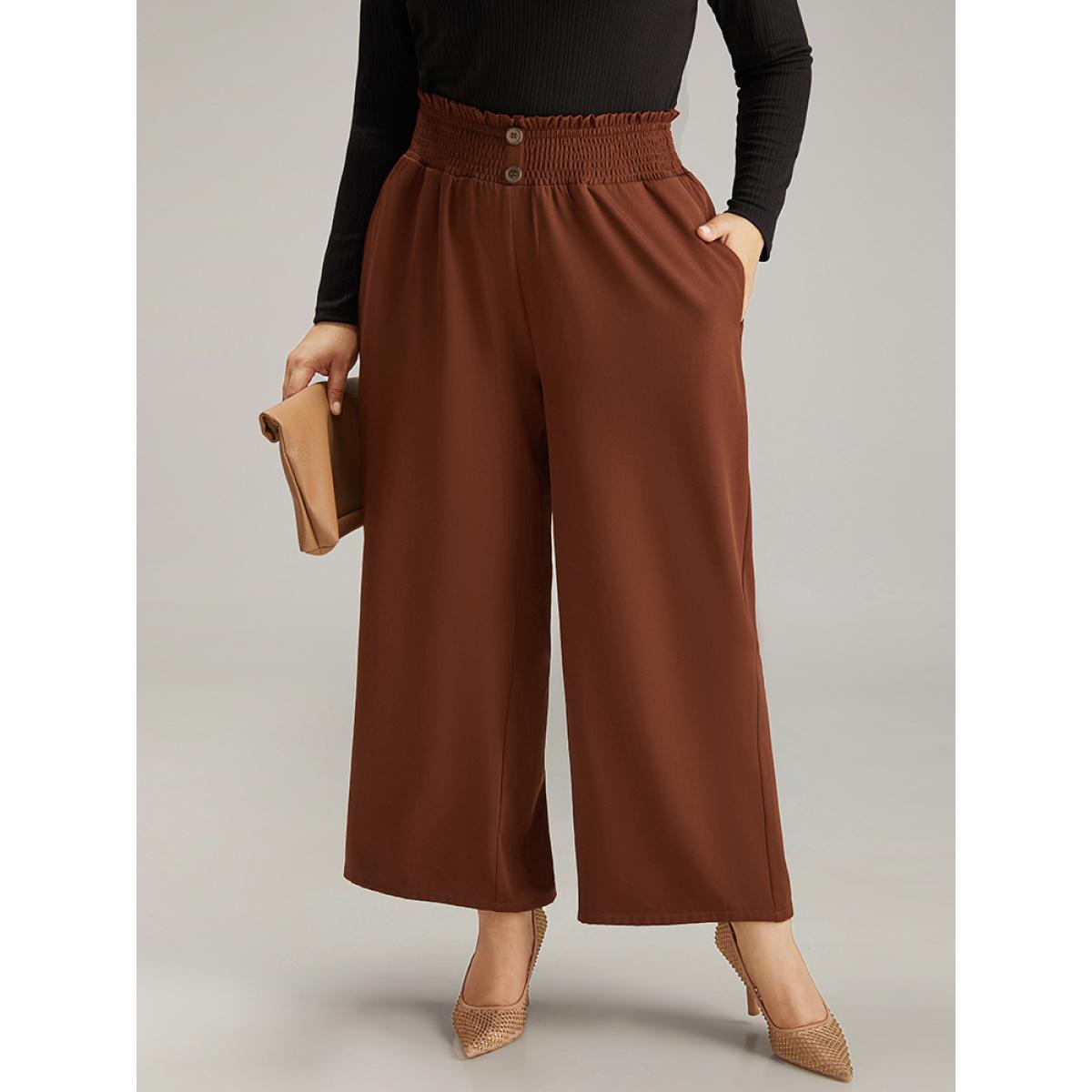 Plus Size Paperbag Waist Button Detail Shirred Pants Women Rust Office Wide Leg High Rise Work Pants BloomChic 10/M Product Image