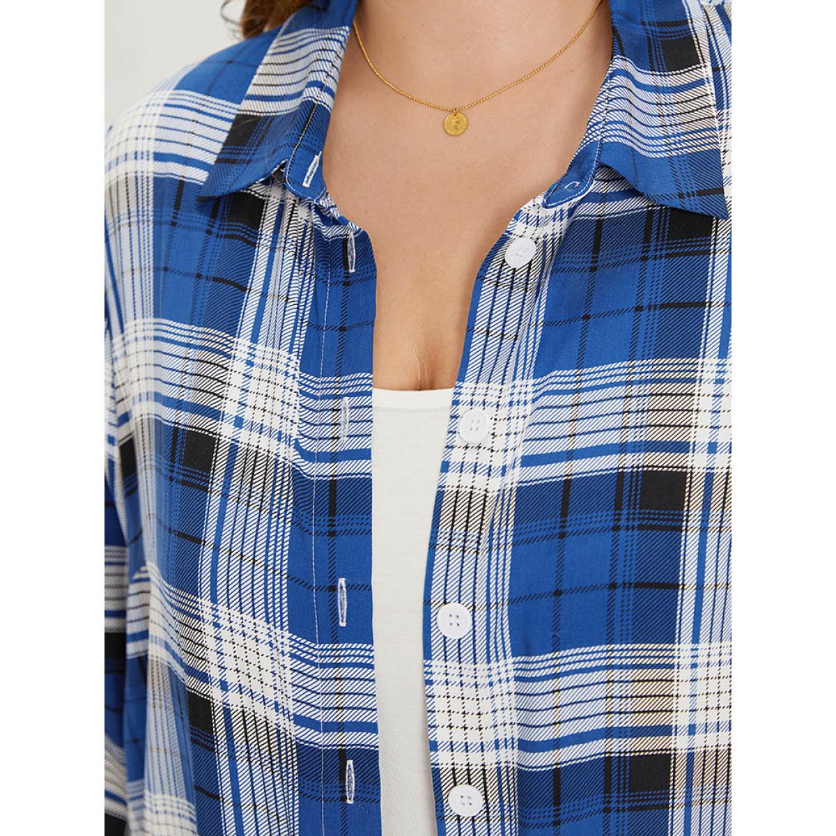 Plus Size Plaid Shirt Collar Pocket Button Through Kimono Women Indigo Casual Button Loose Pocket Dailywear Kimonos BloomChic 26/4X Product Image