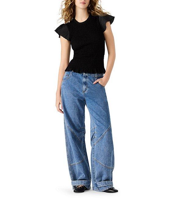 Steve Madden Cecilie Crew Neck Short Sleeve Smocked Peplum Top Product Image