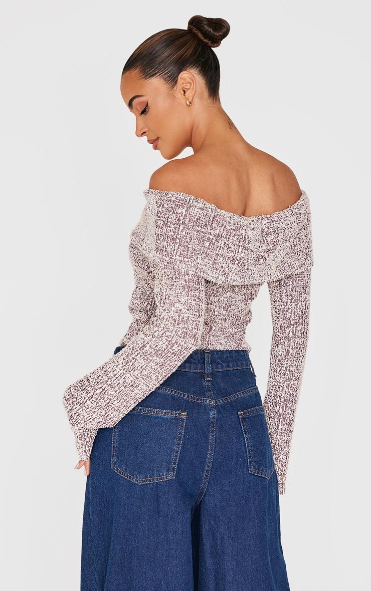 Burgundy Boucle Fold Over Bardot Long Sleeve Top Product Image