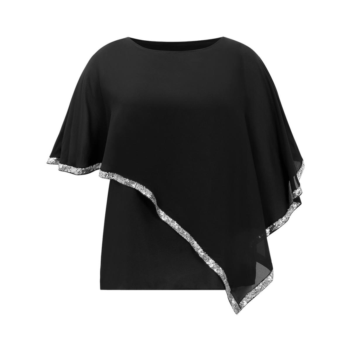 Plus Size Black Sequin Patchwork Asymmetrical Dolman Sleeve Blouse Women Glamour Half Sleeve Round Neck Festival-Christmas Blouses BloomChic 26/4X Product Image