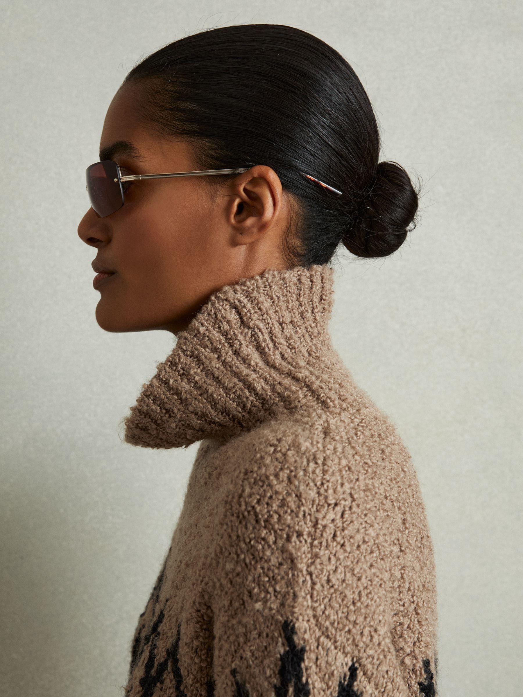 Chunky Fairisle Pattern Knit Funnel Neck Jumper in Brown Product Image