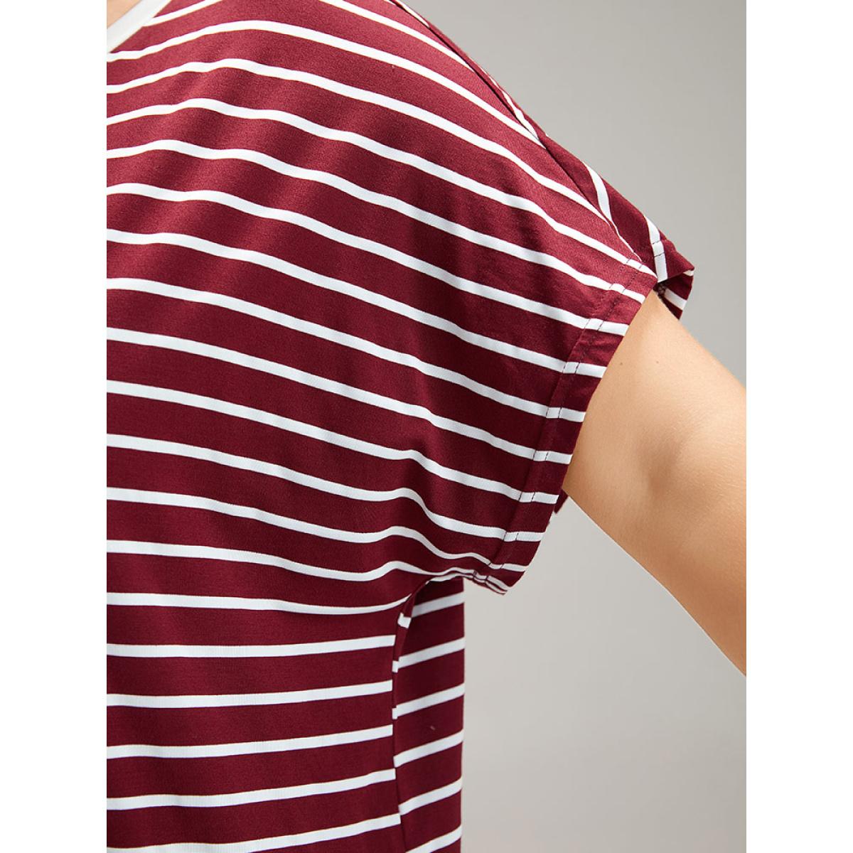 Plus Size Striped Drawstring Batwing Sleeve T-shirt Burgundy Women Casual Contrast Striped Round Neck Dailywear T-shirts BloomChic 10/M Product Image