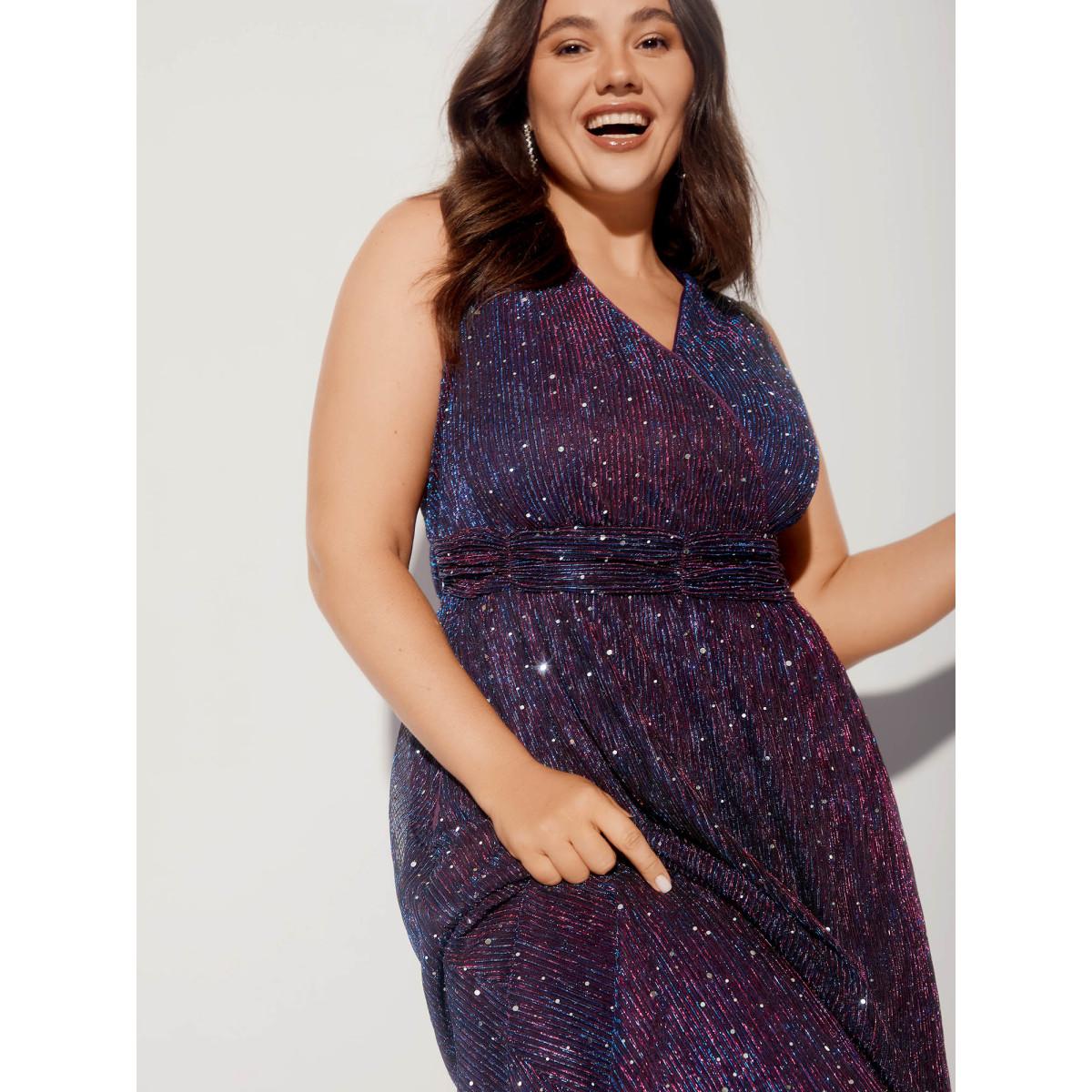 Plus Size Sequin Surplice Neckline Sleeveless Midi Dress Deeppurplered Women Party&Cocktail Texture Party Curvy Bloomchic 22-24/3X Product Image
