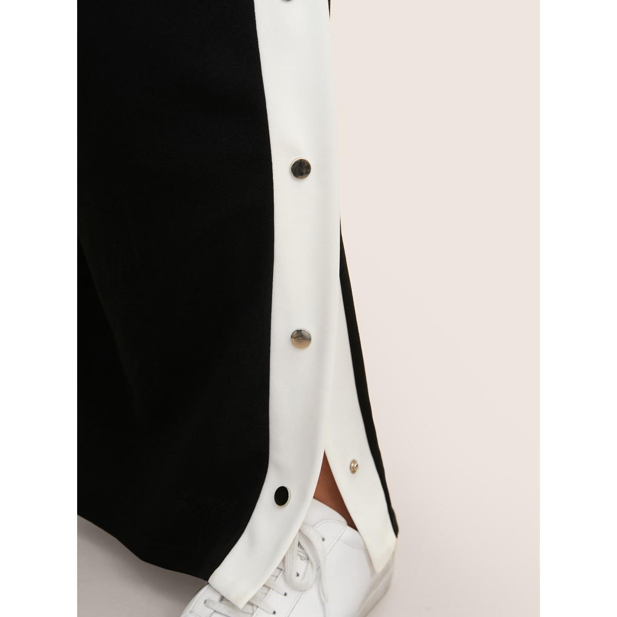 Plus Size Contrast Snap Button Side Wide Leg Pants Women Black Casual Wide Leg High Rise Everyday Pants BloomChic 28/5X Product Image