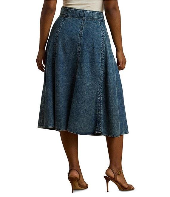 Lauren Ralph Lauren Plus Size Drawcord Waist A-Line Denim Midi Skirt Product Image